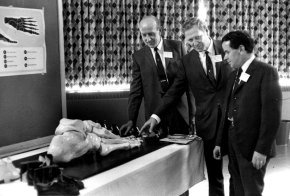 Bill Foster (centre) with managers Sam Weir (left) and Joe Kidd (right) at orthopedic surgeon's meeting circa 1967